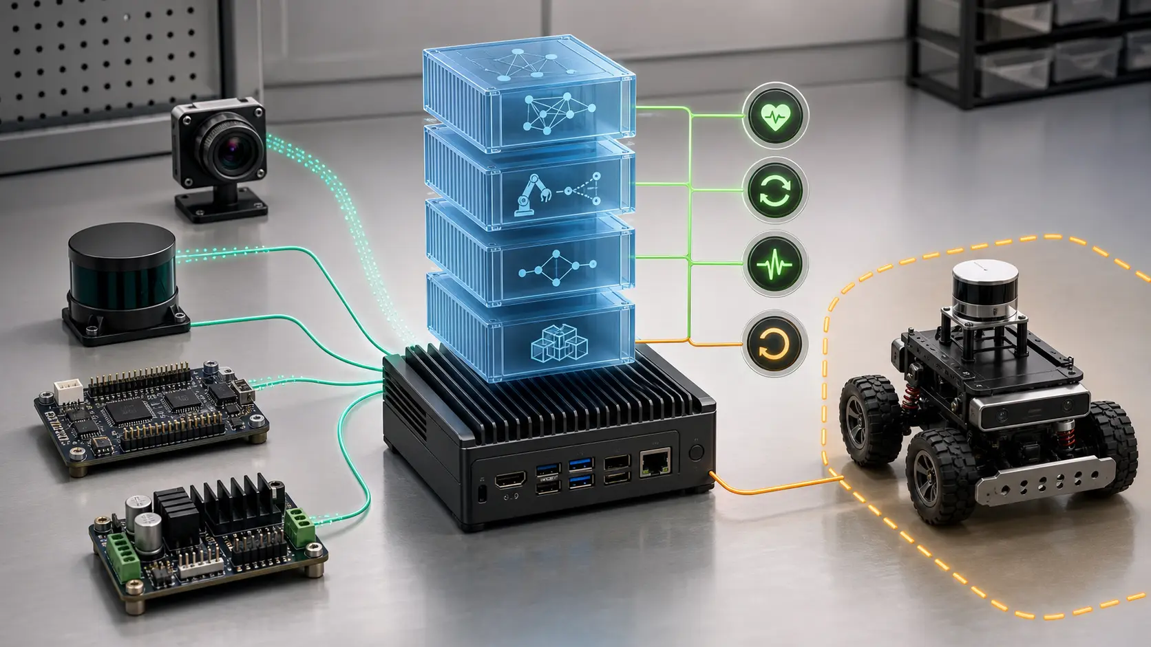Jetson edge AI container stack connected to robot sensors, health checks, rollback, and actuator boundaries