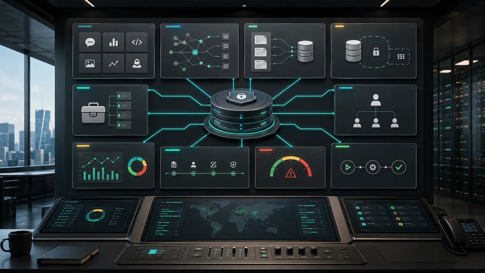 Enterprise AI system registry linking applications, data, tools, owners, evals, and audit trails