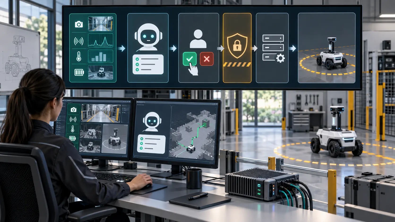 Robot operator copilot separated from approval and robot command authority
