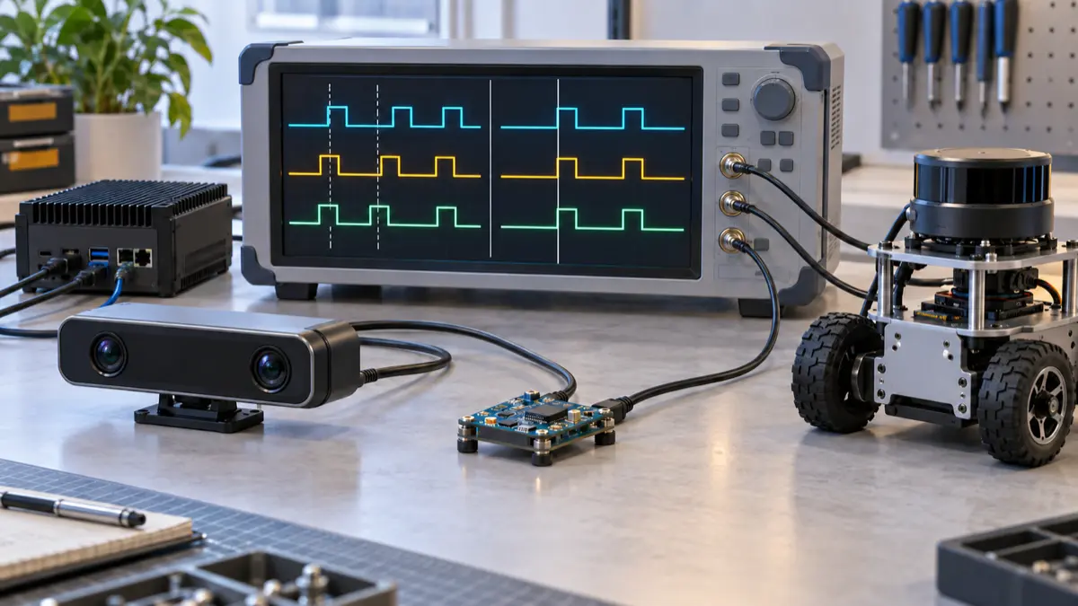 Robot sensors connected to a timing analyzer showing misaligned and aligned signals