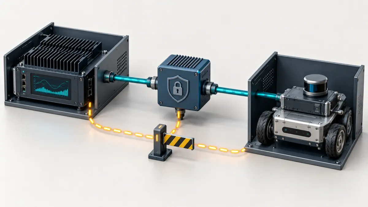 Separate AI and robot-control computers connected through a secured communication gateway