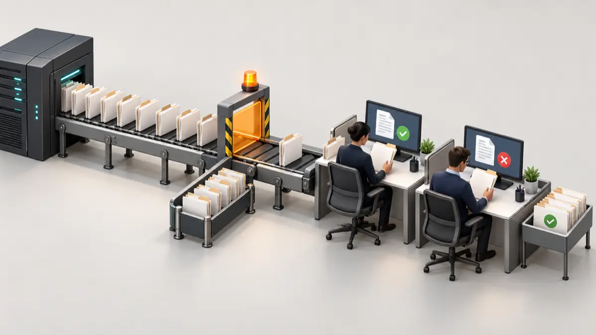 AI document queue metered through a gate to human review desks