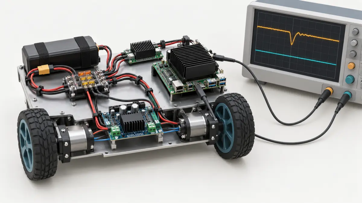 Robot power distribution and edge computer beside an oscilloscope showing a voltage dip