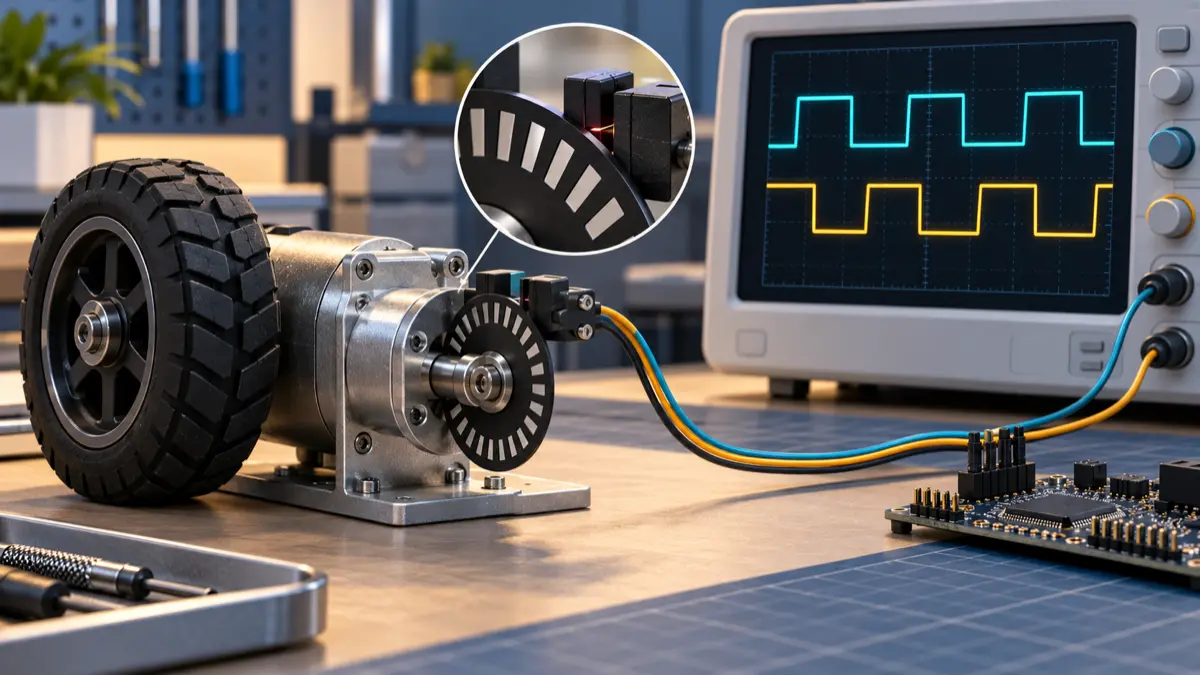Robot wheel encoder connected to a microcontroller and a two-channel oscilloscope