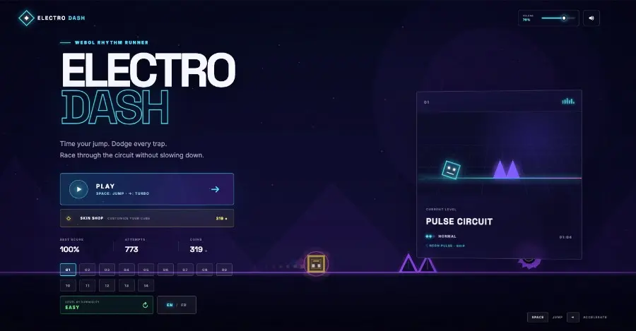 Electro Dash menu showing level selection and player stats