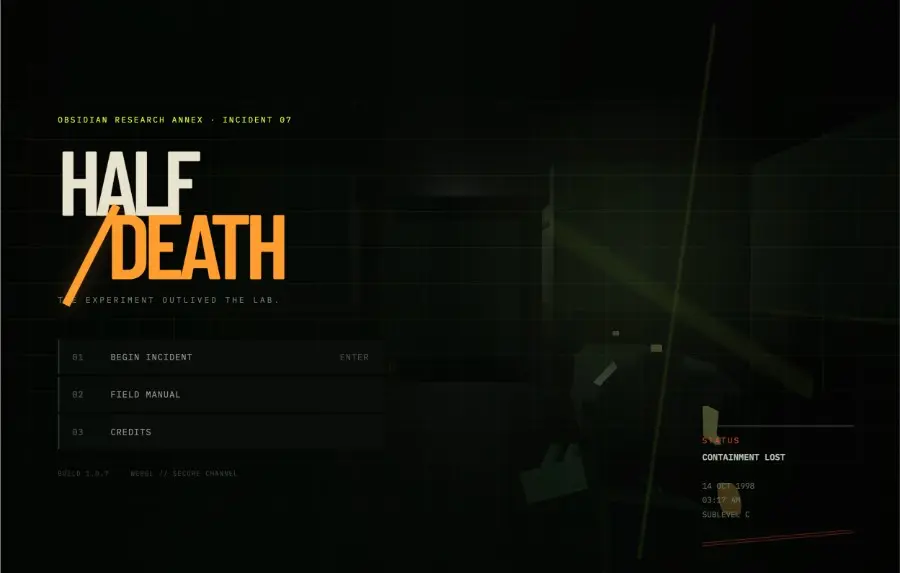 Half Death title screen inside the Obsidian Research Annex
